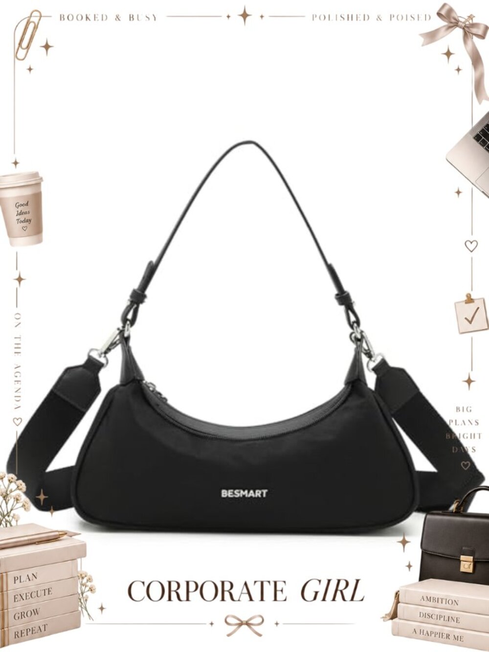 Nylon Crossbody Crescent Bag Lightweight Top Handle Purse Removable Strap